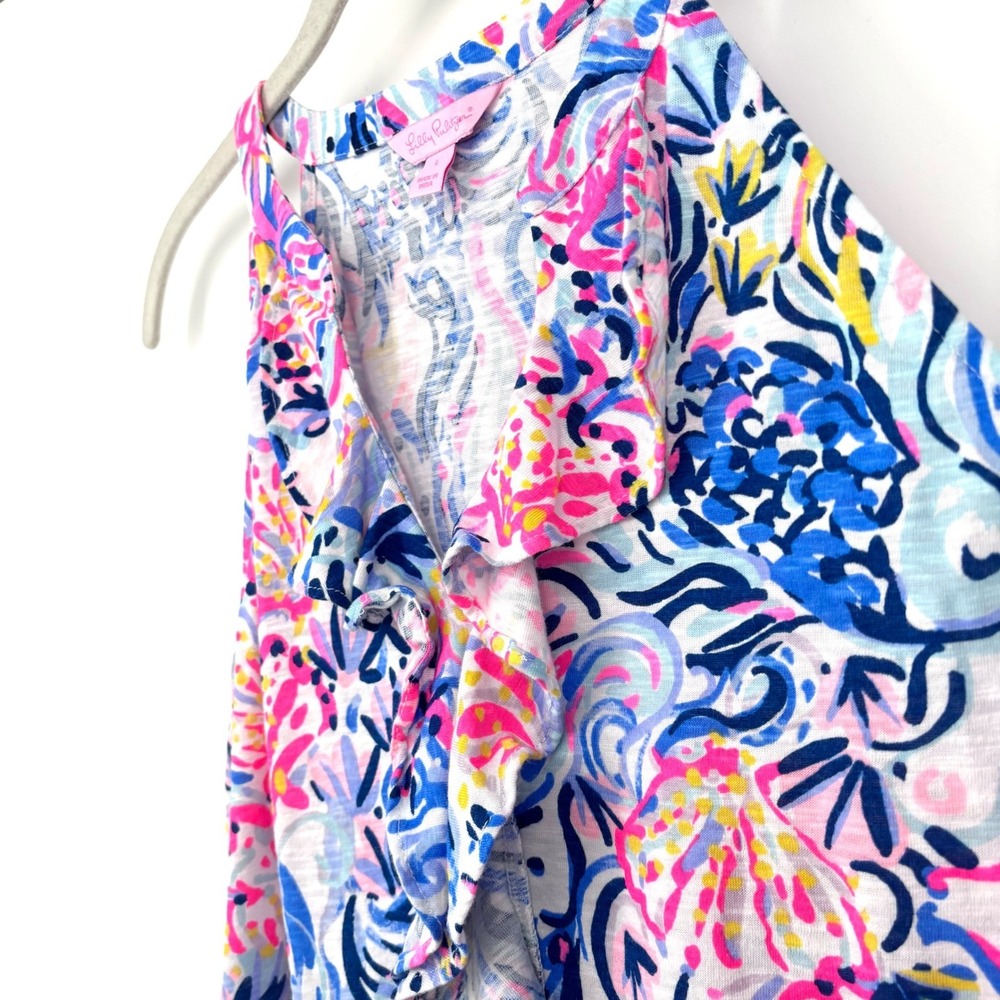 Lilly Pulitzer Shay Ruffle Dress Sz L So Sofishticated Print Pink Blue Preppy - Picture 10 of 12